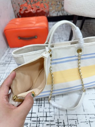 Chanel Striped Canvas Beach Tote Bag – Blue, Yellow & Cream view 8