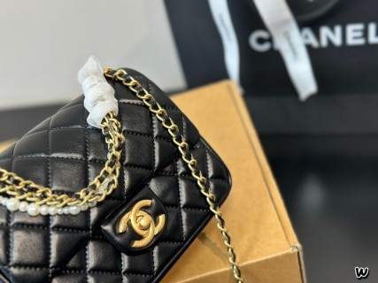 Chanel 24P Black Quilted Pearl Chain Crossbody Bag view 2