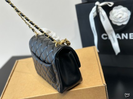 Chanel 24P Black Quilted Pearl Chain Crossbody Bag view 3