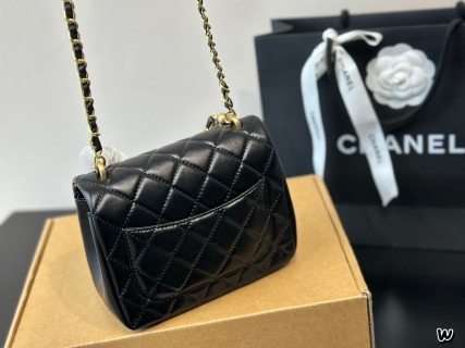 Chanel 24P Black Quilted Pearl Chain Crossbody Bag view 4