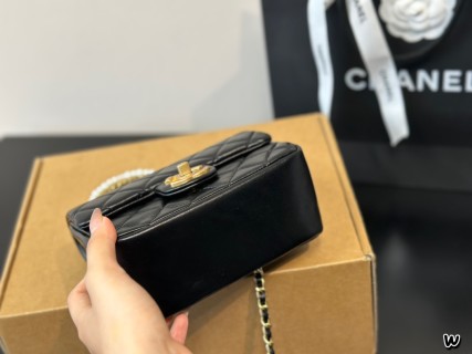 Chanel 24P Black Quilted Pearl Chain Crossbody Bag view 6