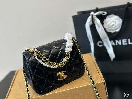 Chanel 24P Black Quilted Pearl Chain Crossbody Bag view 7