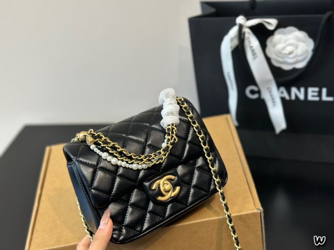 Chanel 24P Black Quilted Pearl Chain Crossbody Bag view