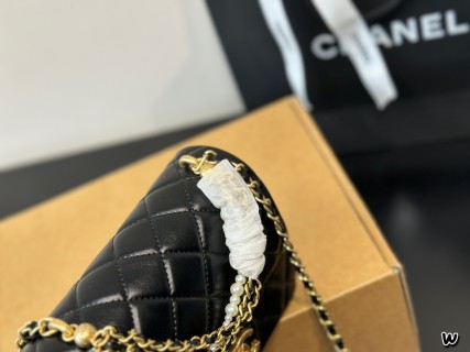 Chanel 24P Black Quilted Pearl Chain Crossbody Bag view 9