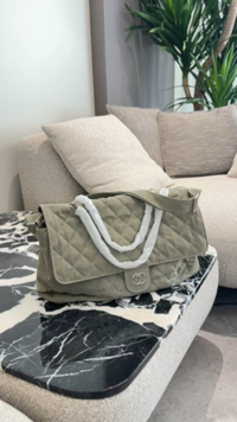 Chanel Quilted Caviar Tote Sage Green White Handles