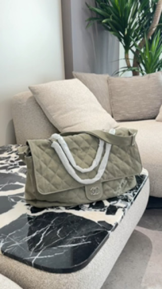 Chanel Quilted Caviar Tote Sage Green White Handles