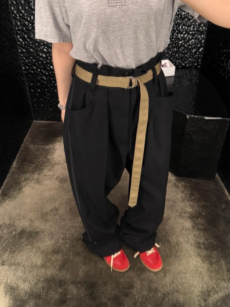 Black Wide-Leg Pants with Tan Contrast Belt