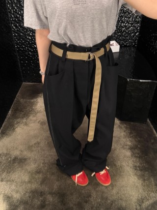 Black Wide-Leg Pants with Tan Contrast Belt