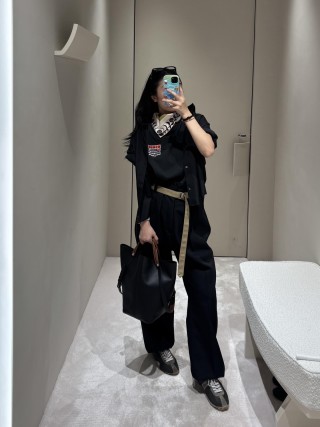 Black Wide-Leg Pants with Tan Contrast Belt view 2