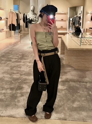 Black Wide-Leg Pants with Tan Contrast Belt view 3