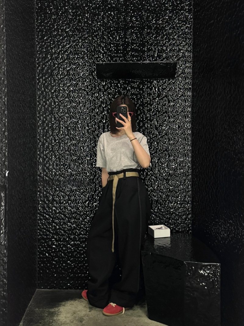 Black Wide-Leg Pants with Tan Contrast Belt view