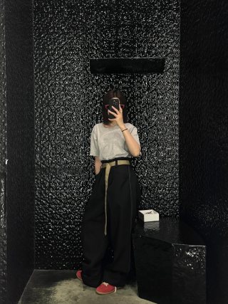 Black Wide-Leg Pants with Tan Contrast Belt view 5