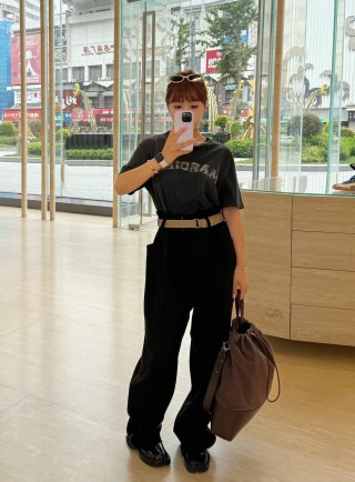 Black Wide-Leg Pants with Tan Contrast Belt view 6
