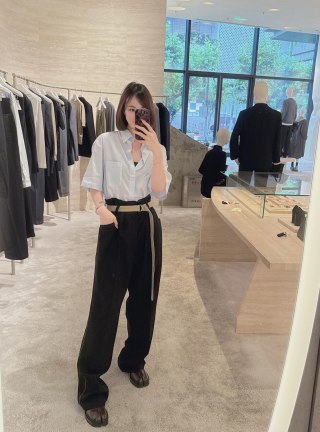 Black Wide-Leg Pants with Tan Contrast Belt view 7
