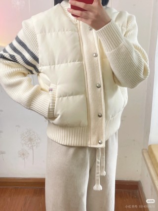 Cream Puffer Down Jacket with Stripe Sleeves view 5