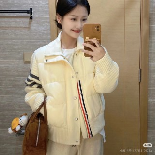 Cream Puffer Down Jacket with Stripe Sleeves view 8