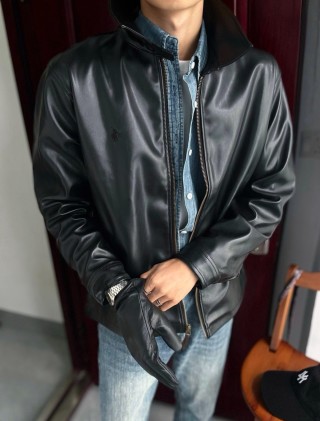 Black Leather Bomber Jacket with Denim Collar