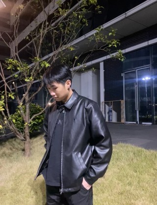 Black Leather Bomber Jacket with Denim Collar view 2