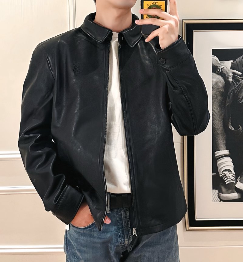 Black Leather Bomber Jacket with Denim Collar view