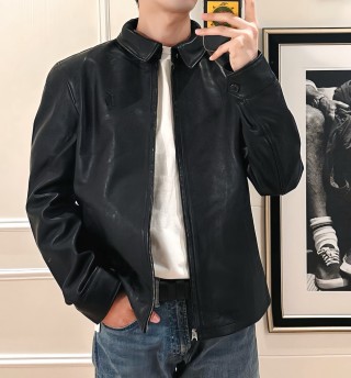 Black Leather Bomber Jacket with Denim Collar view 3