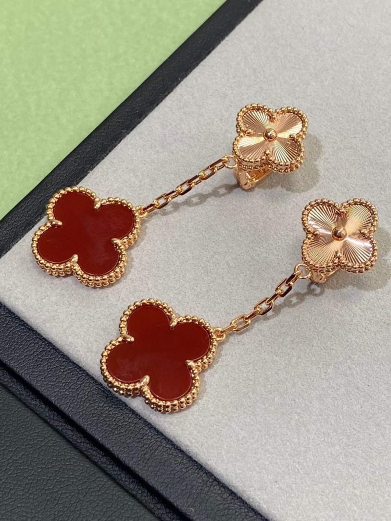 Van Cleef & Arpels Four-Leaf Clover Red Carnelian Drop Earrings