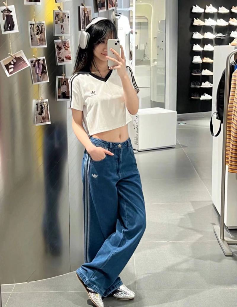 Adidas Three Stripes Medium Wash Wide-Leg Denim Jeans