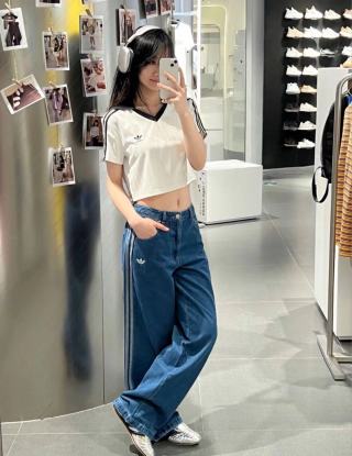 Adidas Three Stripes Medium Wash Wide-Leg Denim Jeans