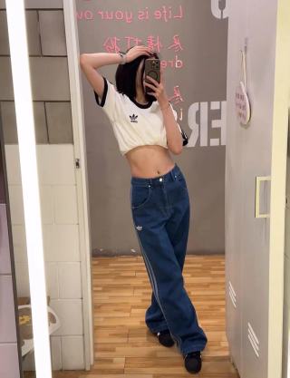 Adidas Three Stripes Medium Wash Wide-Leg Denim Jeans view 2