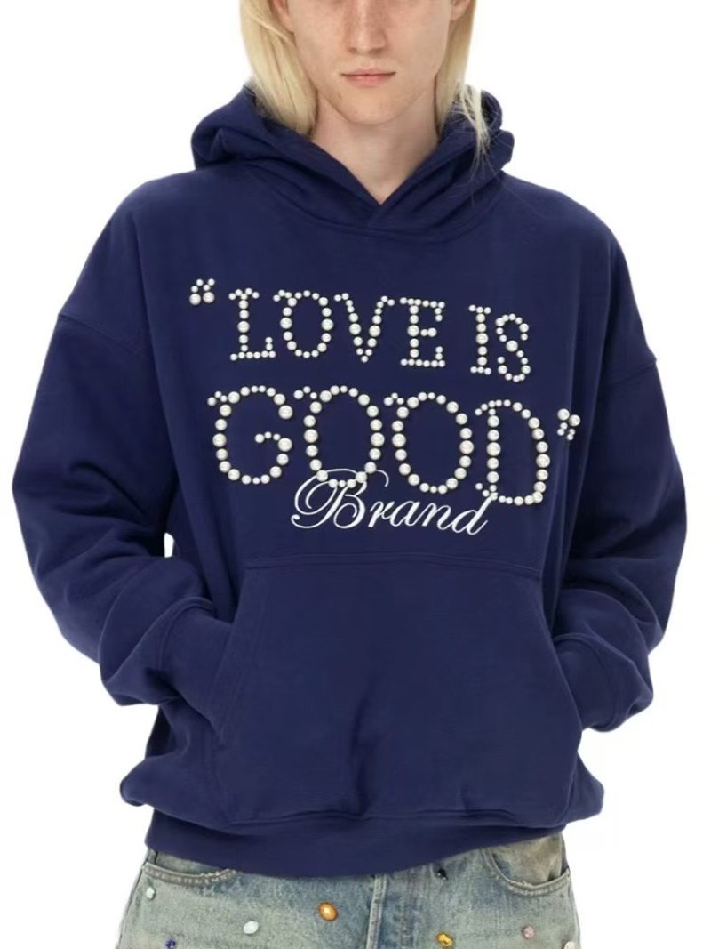 Navy Love is Good Brand Rhinestone Hoodie