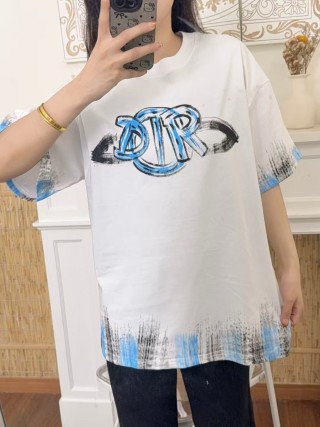 White Graphic Logo T-Shirt with Blue Tie-Dye Sleeve Detail