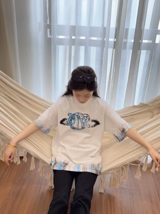 White Graphic Logo T-Shirt with Blue Tie-Dye Sleeve Detail view 2
