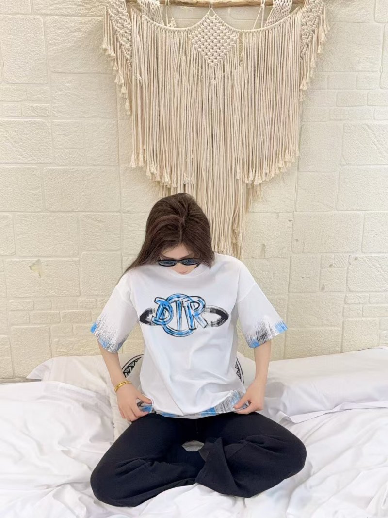 White Graphic Logo T-Shirt with Blue Tie-Dye Sleeve Detail view