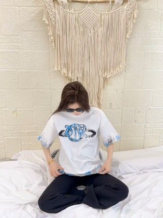 White Graphic Logo T-Shirt with Blue Tie-Dye Sleeve Detail view 5