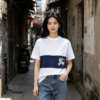 White Navy Stripe Short Sleeve T-Shirt with Graphic Print view 3