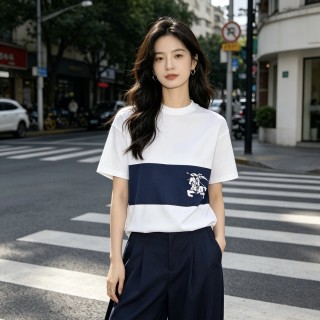 White Navy Stripe Short Sleeve T-Shirt with Graphic Print view 7