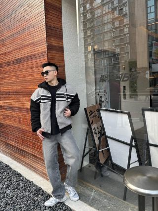Black & Grey Stripe Zip Fleece Jacket