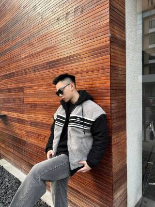 Black & Grey Stripe Zip Fleece Jacket view 3