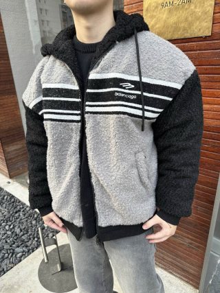 Black & Grey Stripe Zip Fleece Jacket view 4