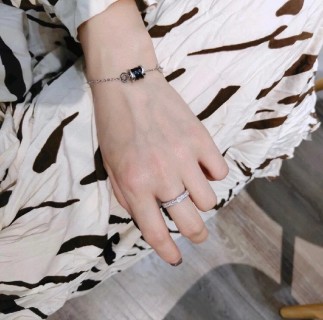Silver Chain Bracelet with Black Cubic Charm view 2