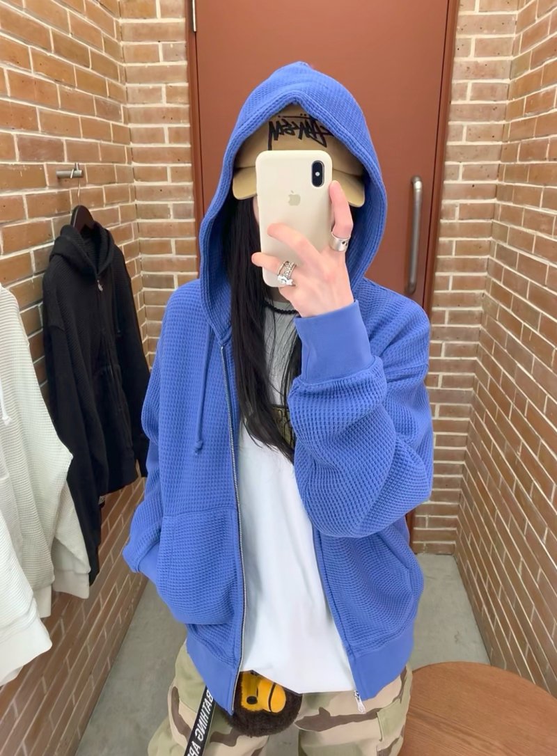 Blue Waffle Knit Zip Hoodie