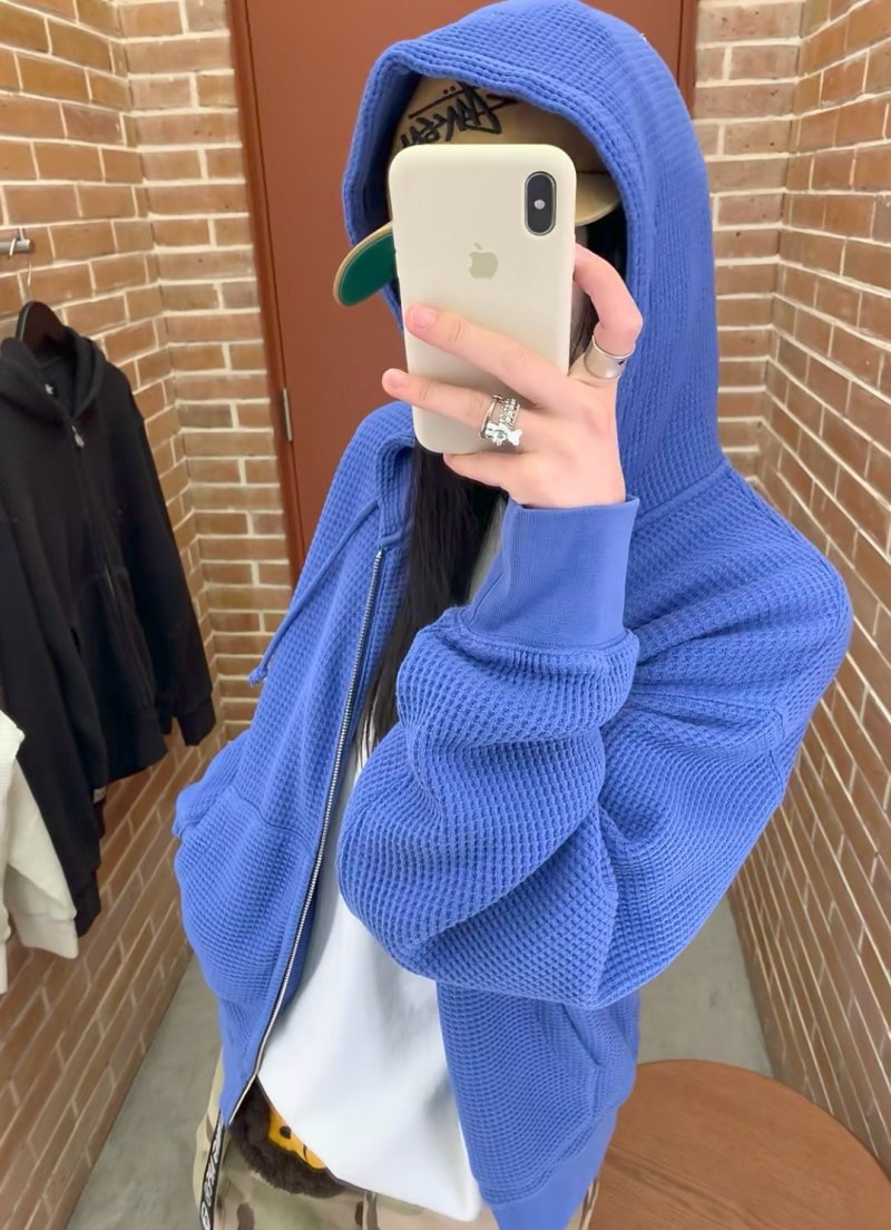 Blue Waffle Knit Zip Hoodie view