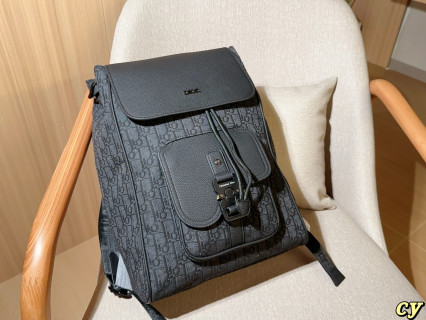 Dior Men's Grey Monogram Backpack with Leather Flap view 2