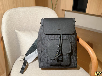 Dior Men's Grey Monogram Backpack with Leather Flap view 3