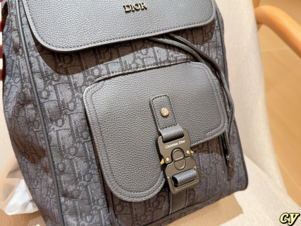 Dior Men's Grey Monogram Backpack with Leather Flap view 7