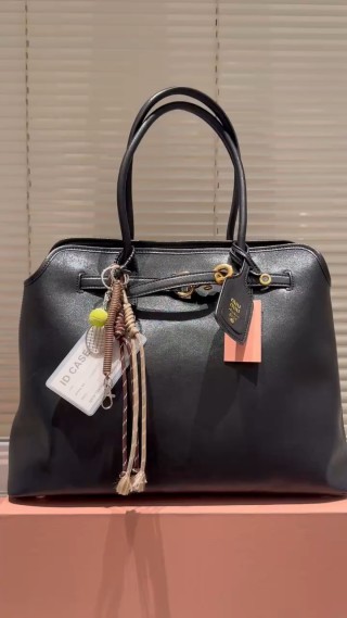 Miu Miu Black Leather Tote Bag with Tassel Charm