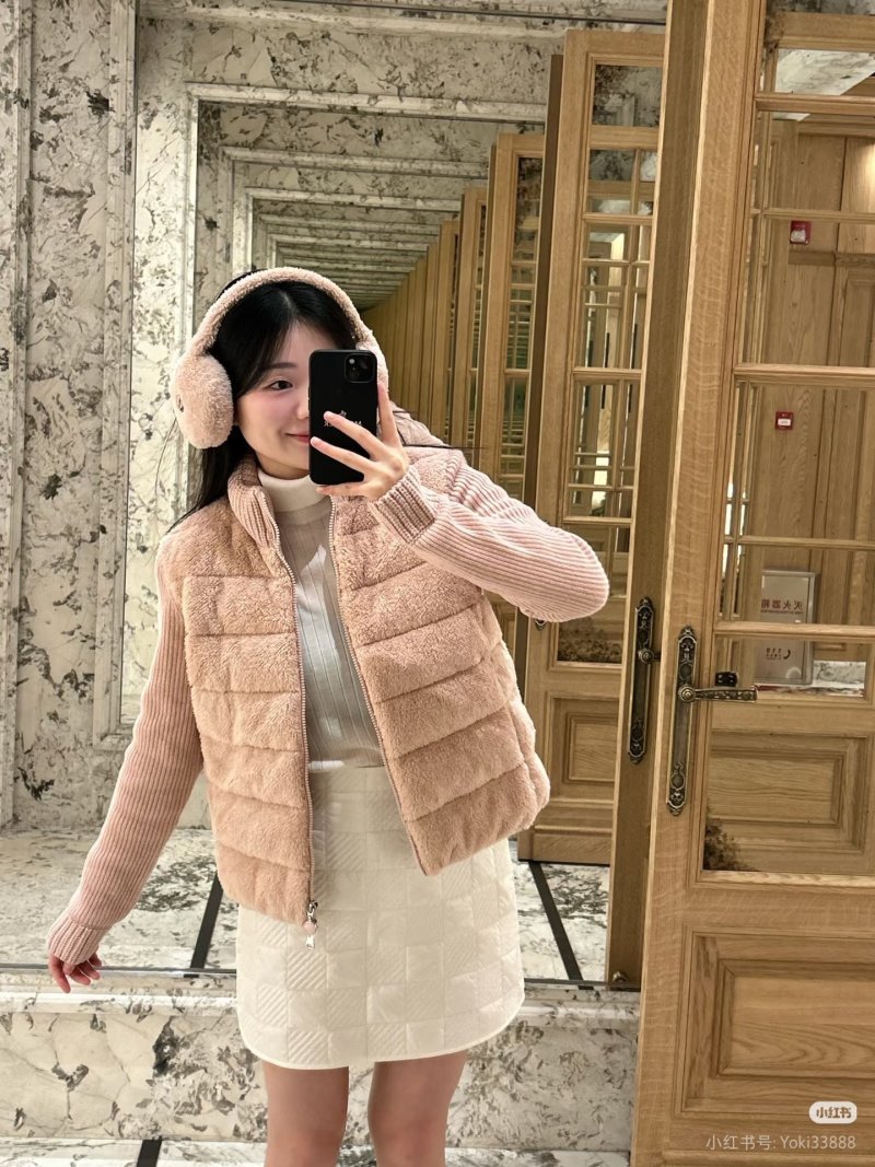 Pink Quilted Down Jacket with Ribbed Knit Sleeves view