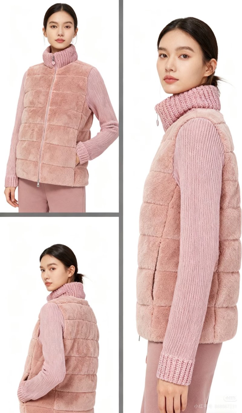 Pink Quilted Down Jacket with Ribbed Knit Sleeves view