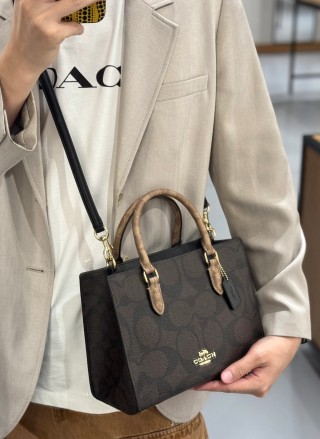 Coach Maggie Tote Bag Black with Tan Handles
