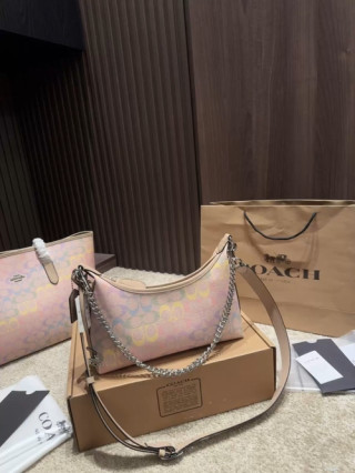 Coach Signature Monogram Pink Shoulder Bag with Chain Strap
