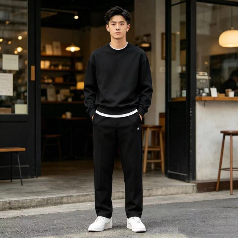 Black Relaxed Fit Trousers with White Stripe